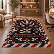 mustache and scissors barber rug in a home office with wooden shelves