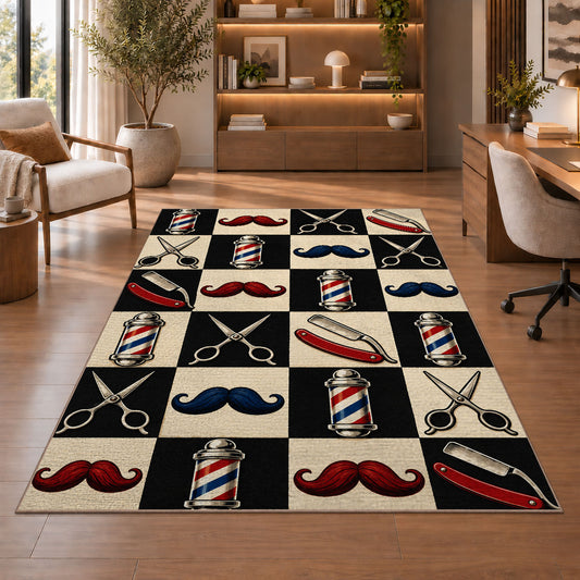checkered barbershop icons rug in a home office with wooden shelves