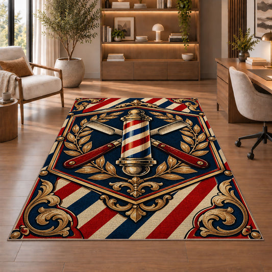 vintage barber crest rug in a home office with wooden shelves