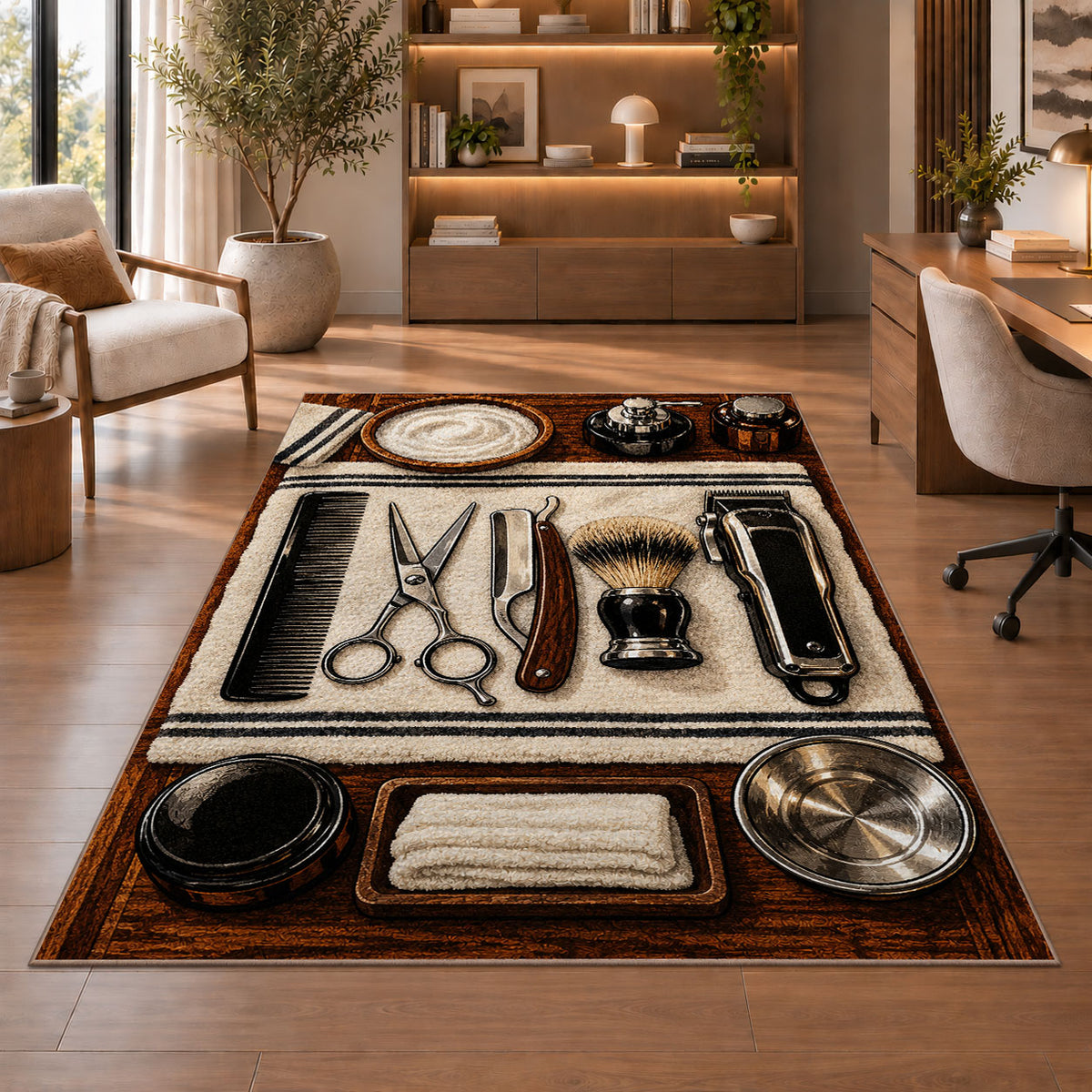 barber tools flat lay rug in a home office with wooden shelves