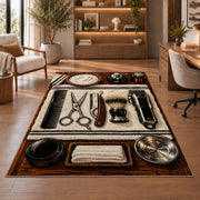 barber tools flat lay rug in a home office with wooden shelves