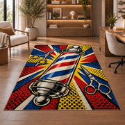 pop art barber pole rug in a home office with wooden shelves