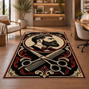 bearded gentleman barber rug in a home office with wooden shelves