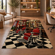 barbershop interior rug in a home office with wooden shelves