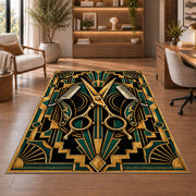 art deco barber rug in a home office with wooden shelves