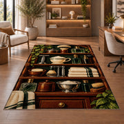 vintage shaving shelf rug in a home office with wooden shelves