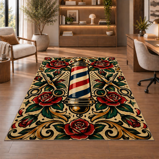 tattoo style barber pole rug in a home office with wooden shelves