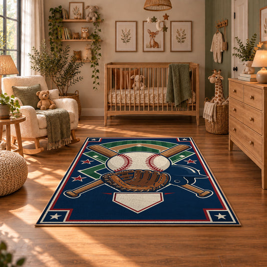 patriotic baseball gear area rug displayed in a nursery