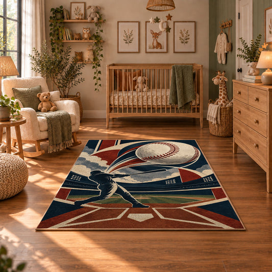 geometric baseball strike design area rug displayed in a nursery