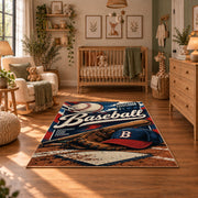 classic baseball typography collage area rug displayed in a nursery