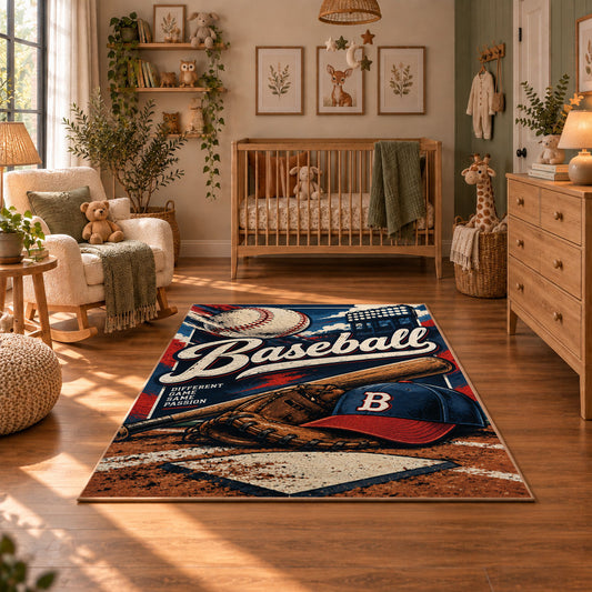 classic baseball typography collage area rug displayed in a nursery