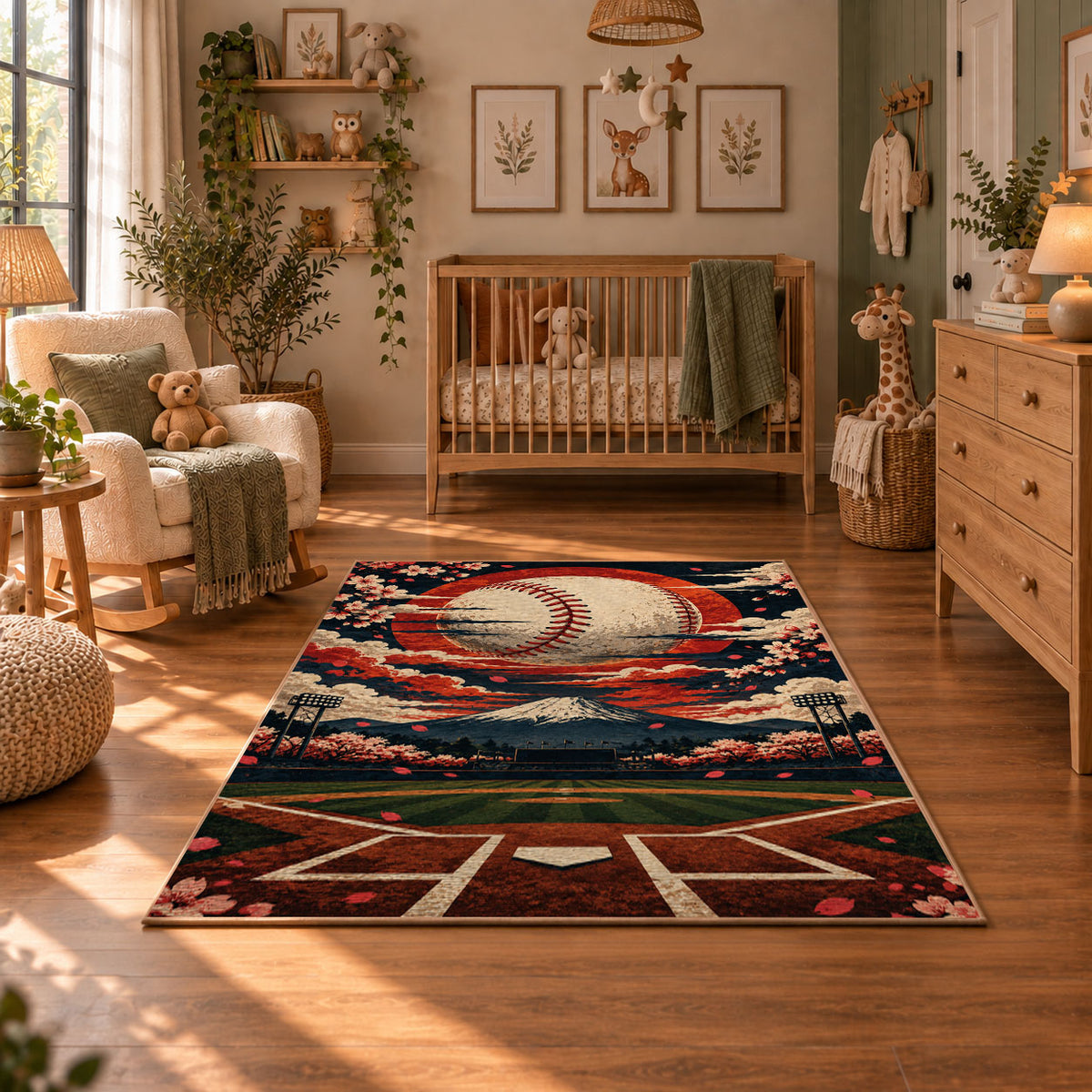 sunset baseball diamond scene area rug displayed in a nursery