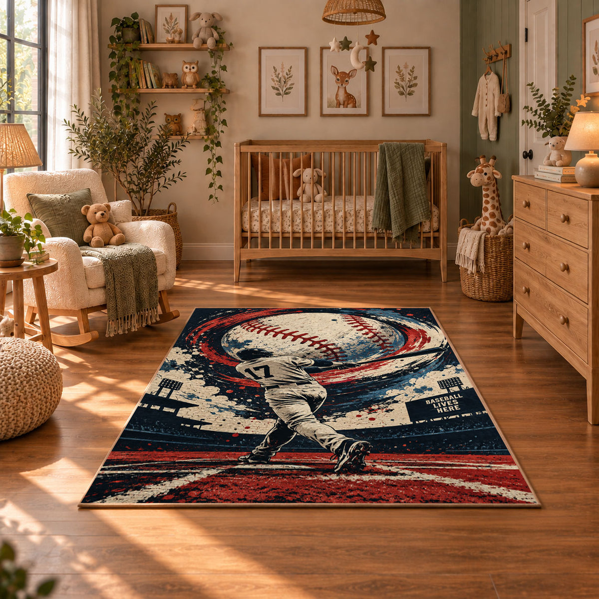 baseball pitcher action design area rug displayed in a nursery