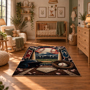 ballpark baseball gear scene area rug displayed in a nursery