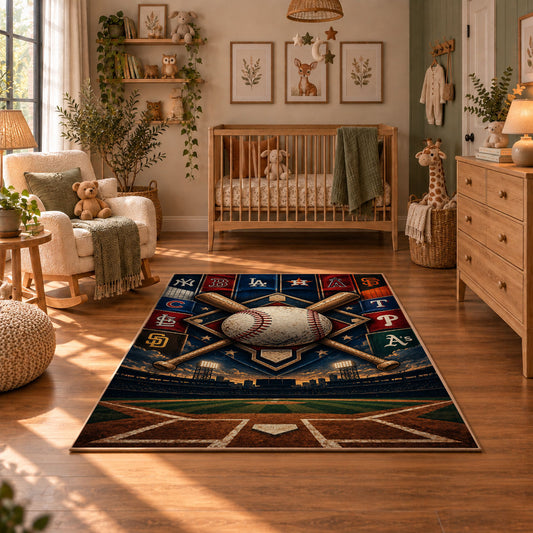 night baseball diamond collage area rug displayed in a nursery