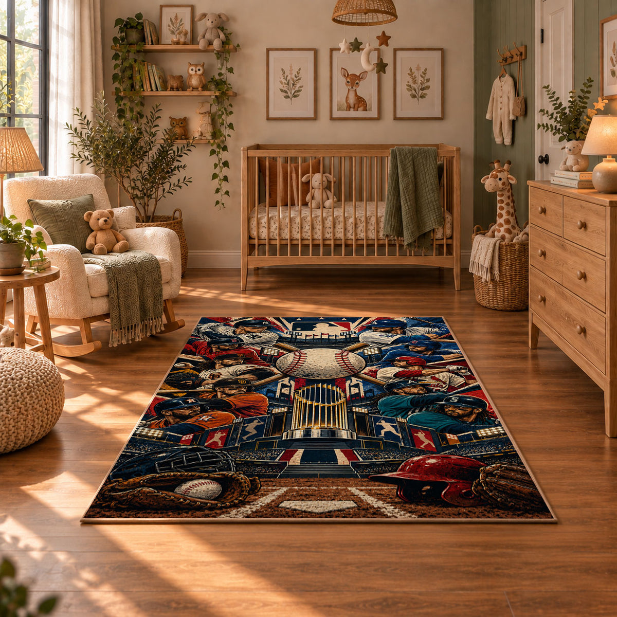 dynamic baseball player collage area rug displayed in a nursery