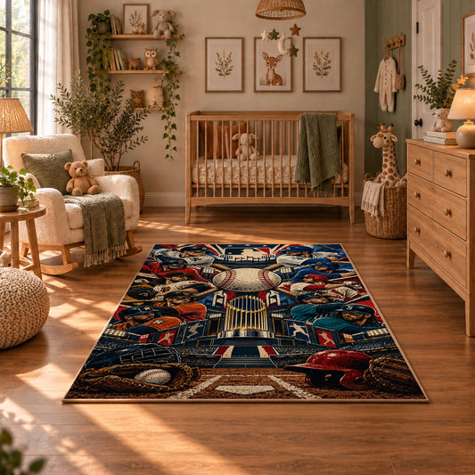 dynamic baseball player collage area rug displayed in a nursery