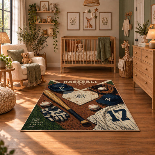 heritage baseball equipment collage area rug displayed in a nursery