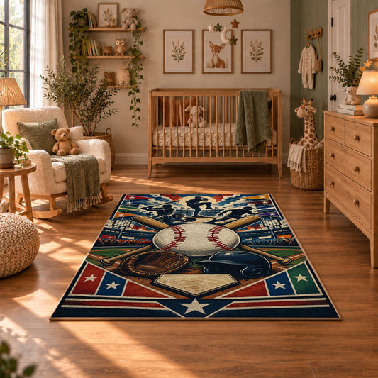 crossed bats baseball emblem area rug displayed in a nursery