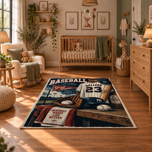 vintage baseball clubhouse collage area rug displayed in a nursery