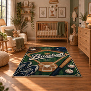 green baseball glove emblem area rug displayed in a nursery