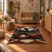 classic baseball home plate design area rug displayed in a nursery