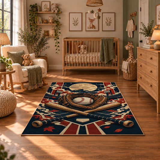 baseball glove crest collage area rug displayed in a nursery