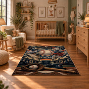vintage baseball gear collage area rug displayed in a nursery