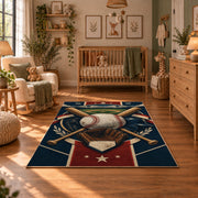 home plate baseball emblem area rug displayed in a nursery