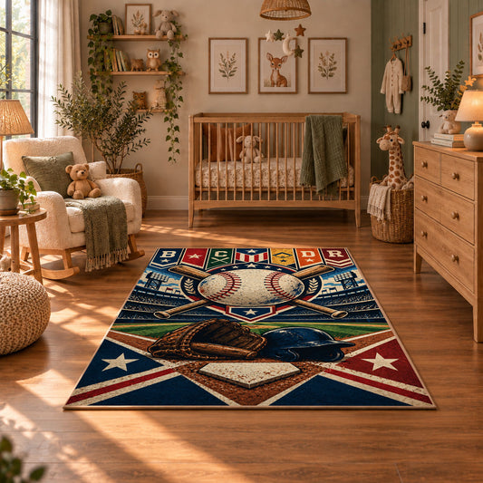 colorful baseball pennant patchwork area rug displayed in a nursery