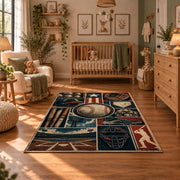 baseball stadium blueprint collage area rug displayed in a nursery