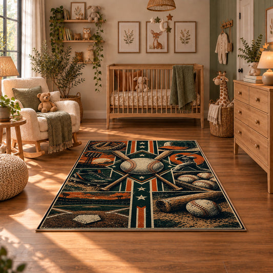 baseball glove equipment panels area rug displayed in a nursery