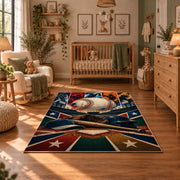 dynamic baseball action collage area rug displayed in a nursery