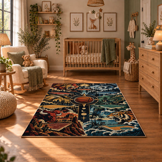 Cosmic Basketball Skyline Rug displayed in a cozy nursery