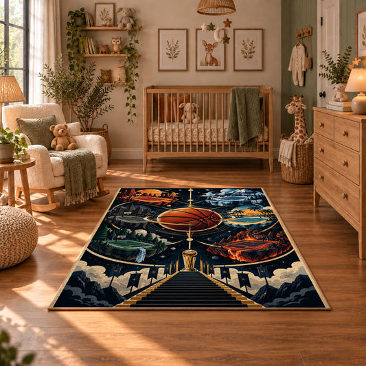 Cosmic Bridge Basketball Rug displayed in a cozy nursery