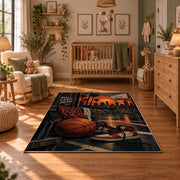 Urban Street Basketball Rug displayed in a cozy nursery