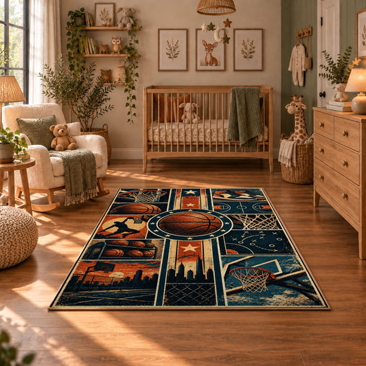 Neon City Basketball Collage Rug displayed in a cozy nursery