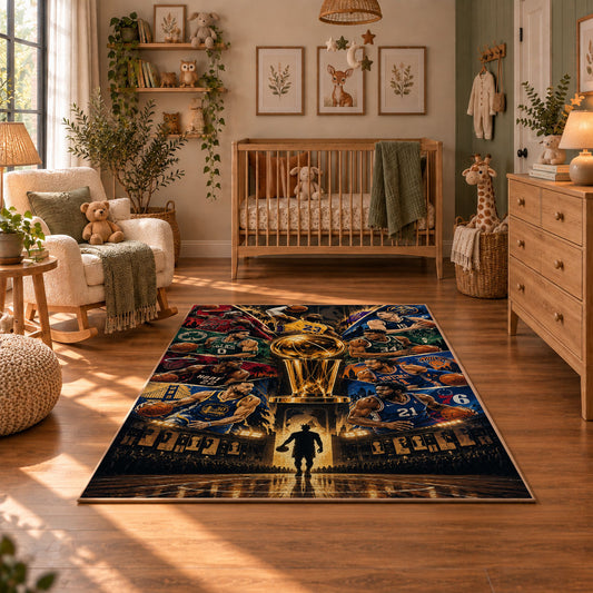 Futuristic Basketball Arena Rug displayed in a cozy nursery
