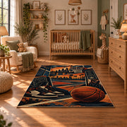 Oversized Basketball City Court Rug displayed in a cozy nursery