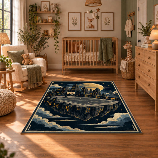 Mountain Canyon Basketball Court Rug displayed in a cozy nursery