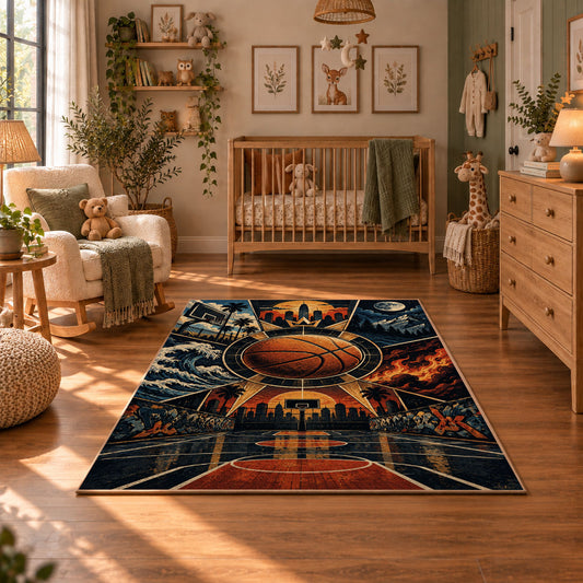 Sunset Skyline Basketball Hoop Rug displayed in a cozy nursery
