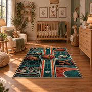 Geometric Basketball Court Collage Rug displayed in a cozy nursery