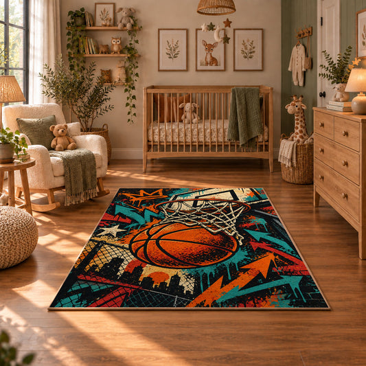 Graffiti Basketball Hoop Rug displayed in a cozy nursery