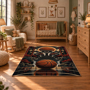 Dark Basketball Equipment Collage Rug displayed in a cozy nursery