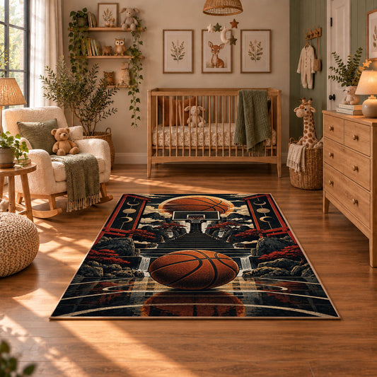 Dark Basketball Equipment Collage Rug displayed in a cozy nursery