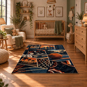Urban Basketball Hoop Collage Rug displayed in a cozy nursery