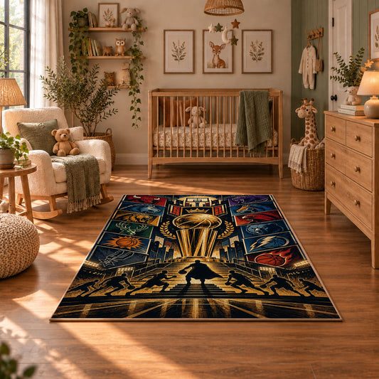 Golden Championship Trophy Basketball Rug displayed in a cozy nursery