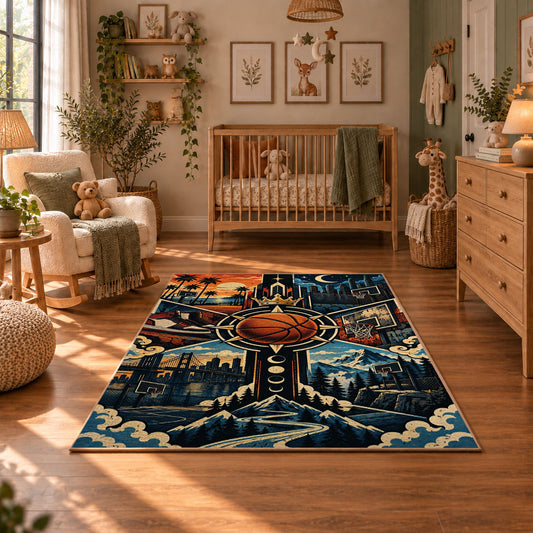 Basketball Trophy in the Clouds Rug displayed in a cozy nursery