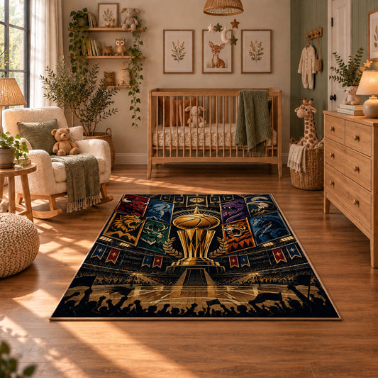 Golden Basketball Trophy City Rug displayed in a cozy nursery