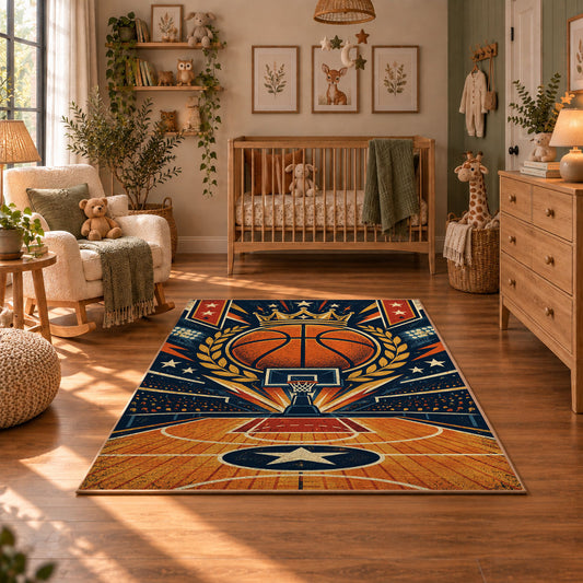 Orange Star Basketball Court Rug displayed in a cozy nursery